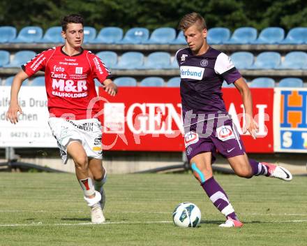 Fussball Bundesliga. Testspiel. SV Feldkirchen gegen Austria Wien. Micossi (Feldkirchen), Alexander Gruenwald (Austria Wien). Feldkirchen, am 30.6.2012.
Foto: Kuess

---
pressefotos, pressefotografie, kuess, qs, qspictures, sport, bild, bilder, bilddatenbank