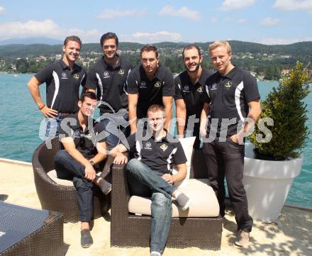 EBEL. Eishockey Bundesliga. Pressekonferenz VSV. John Hughes, Brad Cole, Justin Taylor, Scott Hotham, Antti Pusa, Derek Ryan, Philippe Lamoureux. Velden, am 14.8.2012.
Foto: Kuess
---
pressefotos, pressefotografie, kuess, qs, qspictures, sport, bild, bilder, bilddatenbank