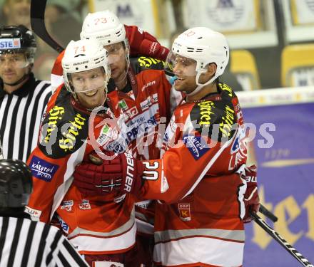 Eishockey Testspiel. KAC gegen HC Lugano. Torjubel Jamie Lundmark, Mike Siklenka, John Lammers (KAC). Klagenfurt, 30.8.2012
Foto: Kuess 

---
pressefotos, pressefotografie, kuess, qs, qspictures, sport, bild, bilder, bilddatenbank