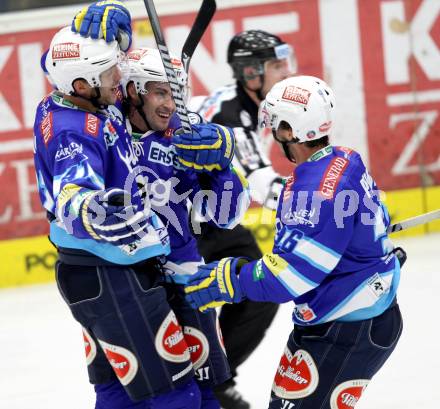 EBEL. Eishockey Bundesligal. EC VSV gegen HDD TELEMACH Olimpija Ljubljana. Torjubel Mario Altmann, PRETNAR Klemen, Marco Pewal (VSV). Villach, am 21.9.2012.
Foto: Kuess 


---
pressefotos, pressefotografie, kuess, qs, qspictures, sport, bild, bilder, bilddatenbank