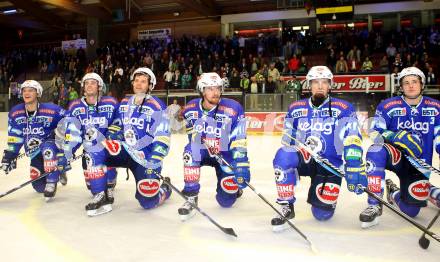 EBEL. Eishockey Bundesligal. EC VSV gegen Dornbirner Eishockey Club.  John Hughes, Derek Ryan, Derek Damon, Michael Grabner, Markus Peintner (VSV). Villach, am 7.10.2012.
Foto: Kuess 


---
pressefotos, pressefotografie, kuess, qs, qspictures, sport, bild, bilder, bilddatenbank