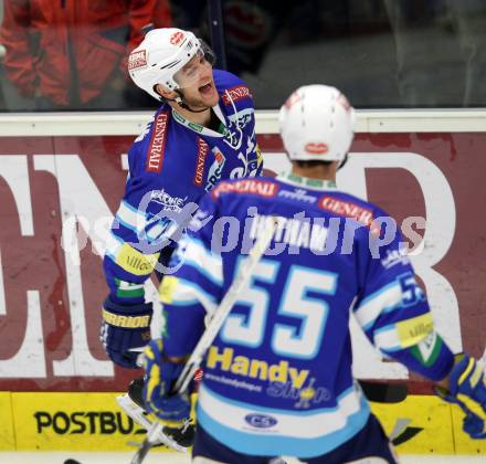 EBEL. Eishockey Bundesligal. EC VSV gegen EHC LIWEST Linz.  Torjubel John Hughes, Scott Hotham (VSV). Villach, am 21.10.2012.
Foto: Kuess 


---
pressefotos, pressefotografie, kuess, qs, qspictures, sport, bild, bilder, bilddatenbank