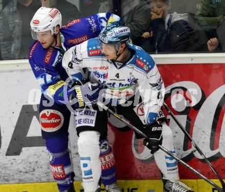 EBEL. Eishockey Bundesligal. EC VSV gegen EHC LIWEST Linz. John HUghes, (VSV), Daniel Mitterdorfer  (Linz). Villach, am 21.10.2012.
Foto: Kuess 


---
pressefotos, pressefotografie, kuess, qs, qspictures, sport, bild, bilder, bilddatenbank