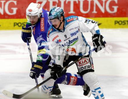 EBEL. Eishockey Bundesligal. EC VSV gegen EHC LIWEST Linz. Klemen Pretnar, (VSV), Danny Irmen  (Linz). Villach, am 21.10.2012.
Foto: Kuess 


---
pressefotos, pressefotografie, kuess, qs, qspictures, sport, bild, bilder, bilddatenbank