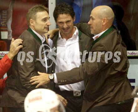 EBEL. Eishockey Bundesliga. EC KAC gegen EC Red Bull Salzburg.  Jubel Trainerteam. Christian Weber, Christer Olsson, Bernhard Sussitz (KAC). Klagenfurt, am 28.10.2012.
Foto: Kuess 


---
pressefotos, pressefotografie, kuess, qs, qspictures, sport, bild, bilder, bilddatenbank