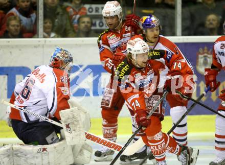 EBEL. Eishockey Bundesliga. EC KAC gegen EC Red Bull Salzburg.  Jammie Lundmark, John Lammers,  (KAC), Bernd Brueckler, Thomas Raffl (Salzburg). Klagenfurt, am 28.10.2012.
Foto: Kuess 


---
pressefotos, pressefotografie, kuess, qs, qspictures, sport, bild, bilder, bilddatenbank