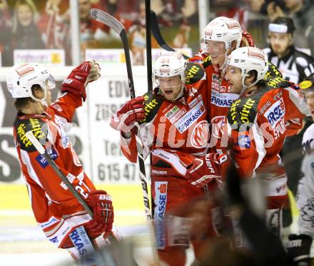 EBEL. Eishockey Bundesliga. EC KAC gegen Dornbirner Eishockey Club.   Torjubel Tyler Myers, Tyler Spurgeon, Markus Primann, HUNDERTPFUND Thomas (KAC). Klagenfurt, am 30.10.2012.
Foto: Kuess 


---
pressefotos, pressefotografie, kuess, qs, qspictures, sport, bild, bilder, bilddatenbank