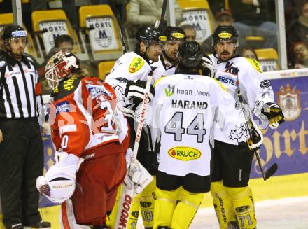 EBEL. Eishockey Bundesliga. EC KAC gegen Dornbirner Eishockey Club.   Torjubel  (Dornbirn). Klagenfurt, am 30.10.2012.
Foto: Kuess 


---
pressefotos, pressefotografie, kuess, qs, qspictures, sport, bild, bilder, bilddatenbank