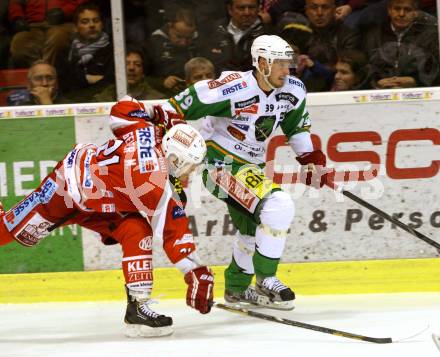 EBEL. Eishockey Bundesliga. EC KAC gegen HDD TELEMACH Olimpija Ljubljana. Manuel Geier,  (KAC), Jan Mursak  (Laibach). Klagenfurt, am 4.11.2012.
Foto: Kuess 


---
pressefotos, pressefotografie, kuess, qs, qspictures, sport, bild, bilder, bilddatenbank