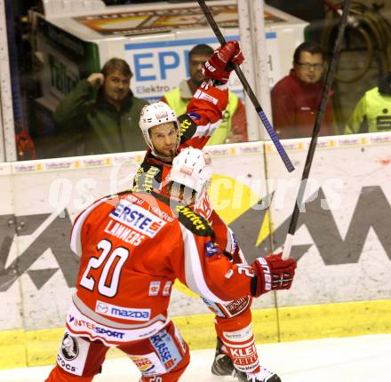 EBEL. Eishockey Bundesliga. EC KAC gegen HDD TELEMACH Olimpija Ljubljana. Torjubel Thomas Koch, John Lammers  (KAC). Klagenfurt, am 4.11.2012.
Foto: Kuess 


---
pressefotos, pressefotografie, kuess, qs, qspictures, sport, bild, bilder, bilddatenbank