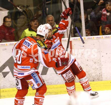 EBEL. Eishockey Bundesliga. EC KAC gegen HDD TELEMACH Olimpija Ljubljana. Torjubel Thomas Koch, John Lammers  (KAC). Klagenfurt, am 4.11.2012.
Foto: Kuess 


---
pressefotos, pressefotografie, kuess, qs, qspictures, sport, bild, bilder, bilddatenbank