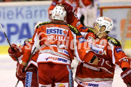 EBEL. Eishockey Bundesliga. EC KAC gegen Dornbirner Eishockey Club.   Torjubel Mike Siklenka, Kirk Furey (KAC). Klagenfurt, am 30.11.2012.
Foto: Kuess 


---
pressefotos, pressefotografie, kuess, qs, qspictures, sport, bild, bilder, bilddatenbank