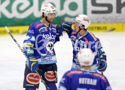 EBEL. Eishockey Bundesliga. EC VSV gegen HC Orli Znojmo. Torjubel Brad Cole, Marco Pewal (VSV). Villach, am 15.1.2013.
Foto: Kuess 


---
pressefotos, pressefotografie, kuess, qs, qspictures, sport, bild, bilder, bilddatenbank