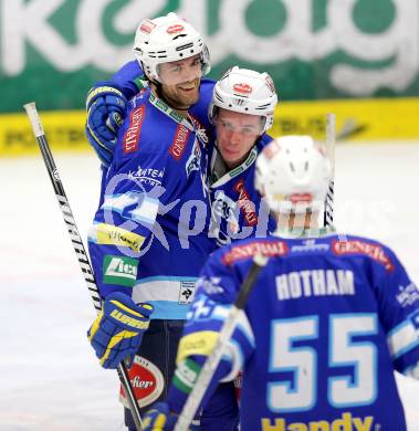 EBEL. Eishockey Bundesliga. EC VSV gegen HC Orli Znojmo. Torjubel Brad Cole, Marco Pewal (VSV). Villach, am 15.1.2013.
Foto: Kuess 


---
pressefotos, pressefotografie, kuess, qs, qspictures, sport, bild, bilder, bilddatenbank