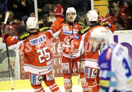 EBEL. Eishockey Bundesliga. EC KAC gegen VSV. Torjubel Kirk Furey, Stephan Geier, Manuel Geier (KAC)  (KAC). Klagenfurt, am 29.1.2013.
Foto: Kuess 


---
pressefotos, pressefotografie, kuess, qs, qspictures, sport, bild, bilder, bilddatenbank