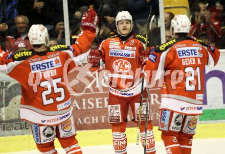 EBEL. Eishockey Bundesliga. EC KAC gegen VSV.  Torjubel Kirk Furey, Stephan Geier, Manuel Geier (KAC). Klagenfurt, am 29.1.2013.
Foto: Kuess 


---
pressefotos, pressefotografie, kuess, qs, qspictures, sport, bild, bilder, bilddatenbank