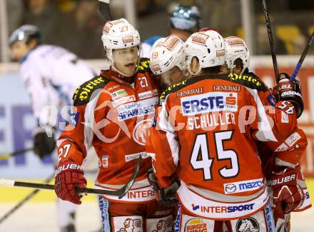 EBEL. Eishockey Bundesliga. EC KAC gegen EHC LIWEST Linz.  Torjubel Stephan Geier, Manuel Geier, David Schuller, Thomas Hundertpfund (KAC). Klagenfurt, am 13.2.2013.
Foto: Kuess 


---
pressefotos, pressefotografie, kuess, qs, qspictures, sport, bild, bilder, bilddatenbank