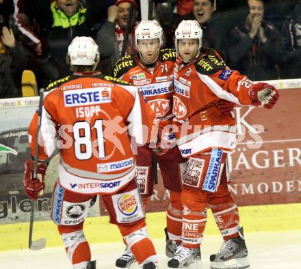 EBEL. Eishockey Bundesliga. EC KAC gegen Moser Medical Graz 99ers.  Torjubel John Lammers, Jamie Lundmark, Maximilian Isopp (KAC). Klagenfurt, am 1.3.2013.
Foto: Kuess 


---
pressefotos, pressefotografie, kuess, qs, qspictures, sport, bild, bilder, bilddatenbank