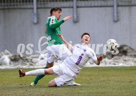 Fussball Regionalliga. SK Austria Klagenfurt gegen SV Wallern. Fabian Miesenboeck, (Austria Klagenfurt), Roman Hintersteiner  (Wallern). Klagenfurt, 23.3.2013.
Foto: Kuess
---
pressefotos, pressefotografie, kuess, qs, qspictures, sport, bild, bilder, bilddatenbank
