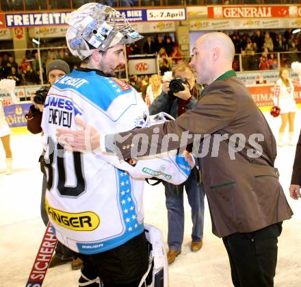 EBEL. Eishockey Bundesliga. EC KAC gegen EHC Liwest Black Wings Linz.  Trainer Christer Olsson,  (KAC), David Leneveu (Linz). Klagenfurt, am 24.3.2013.
Foto: Kuess 


---
pressefotos, pressefotografie, kuess, qs, qspictures, sport, bild, bilder, bilddatenbank