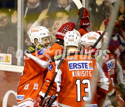 EBEL. Eishockey Bundesliga. EC KAC gegen EHC Liwest Black Wings Linz.  Torjubel Tyler Scofieldm Tyler Spurgeon, Kirk Furey (KAC). Klagenfurt, am 24.3.2013.
Foto: Kuess 


---
pressefotos, pressefotografie, kuess, qs, qspictures, sport, bild, bilder, bilddatenbank
