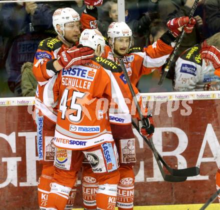 EBEL. Eishockey Bundesliga. EC KAC gegen PC Vienna Capitals.. Torjubel Raphael Herburger, Mike Siklenka, David Schuller (KAC). Klagenfurt, am 31.3.2013.
Foto: Kuess 


---
pressefotos, pressefotografie, kuess, qs, qspictures, sport, bild, bilder, bilddatenbank