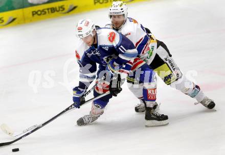 Eishockey Testspiel EC VSV gegen EHC Biel. Derek Ryan,  (VSV), Martin Ulmer (Biel). Villach, am 1.9.2013.
Foto: Kuess
---
pressefotos, pressefotografie, kuess, qs, qspictures, sport, bild, bilder, bilddatenbank