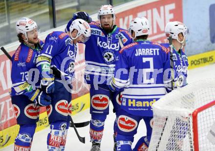 EBEL. Eishockey Bundesliga. EC VSV gegen HCB Suedtirol. Torjubel Markus Peintner, Derek Ryan, John Hughes (VSV). Villach, am 11.10..2013.
Foto: Kuess 


---
pressefotos, pressefotografie, kuess, qs, qspictures, sport, bild, bilder, bilddatenbank