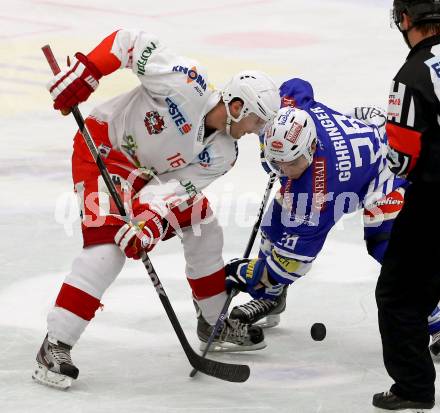 EBEL. Eishockey Bundesliga. EC VSV gegen HCB Suedtirol. Marius Goehringer,  (VSV), MacGregor Sharp (Bozen). Villach, am 11.10..2013.
Foto: Kuess 


---
pressefotos, pressefotografie, kuess, qs, qspictures, sport, bild, bilder, bilddatenbank