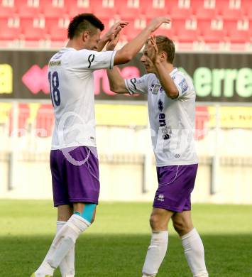 Fussball Regionalliga. SK Austria Klagenfurt gegen Allerheiligen. Torjubel Sasa Lalovic,  David Poljanec (Austria Klagenfurt). Klagenfurt, 19.10.2013.
Foto: Kuess
---
pressefotos, pressefotografie, kuess, qs, qspictures, sport, bild, bilder, bilddatenbank