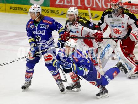 EBEL. Eishockey Bundesliga. EC VSV gegen KAC. Michael Forney, Curtis Fraser, (VSV), Thomas Poeck  (KAC). Villach, am 22.10..2013.
Foto: Kuess 


---
pressefotos, pressefotografie, kuess, qs, qspictures, sport, bild, bilder, bilddatenbank