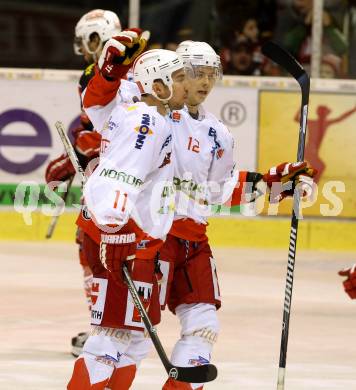 EBEL. Eishockey Bundesliga. KAC gegen HCB Suedtirol.  Torjubel  Mark Santorelli, Kim Stroemberg (Bozen). Klagenfurt, am 5.1.2014.
Foto: Kuess 

---
pressefotos, pressefotografie, kuess, qs, qspictures, sport, bild, bilder, bilddatenbank