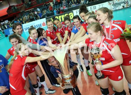 Volleyball Frauen. OEVV Cup. Oesterreichscher Volleyballverband Cup. Sparkasse Wildcats gegen SG SVS Post. Jubel  (Post). Klagenfurt, am 31.1.2015.
Foto: Kuess
---
pressefotos, pressefotografie, kuess, qs, qspictures, sport, bild, bilder, bilddatenbank