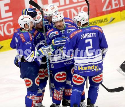 EBEL. Eishockey Bundesliga. EC VSV gegen HCB Suedtirol Bozen. Torjubel Gerhard Unterluggauer, John Hughes, Derek Ryan, Curtis Fraser, Cole Jarrett (VSV). Villach, am 1.2.2014.
Foto: Kuess 


---
pressefotos, pressefotografie, kuess, qs, qspictures, sport, bild, bilder, bilddatenbank