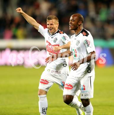 Fussball. tipp3-Bundesliga powered by T-Mobile. RZ Pellets WAC gegen SC Wiener Neustadt. Torjubel De Oliveira Silvio Carlos,  Manuel Kerhe, (WAC). Wolfsberg, am 29.3.2014.
Foto: Kuess

---
pressefotos, pressefotografie, kuess, qs, qspictures, sport, bild, bilder, bilddatenbank