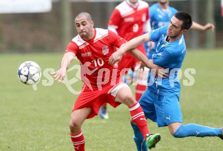 Fussball Unterliga Ost. DSG Sele Zell gegen KAC. Dragan Juric, (Zell), Erkara Ertuerk  (KAC). Zell Pfarre, am 6.4.2014.
Foto: Kuess
---
pressefotos, pressefotografie, kuess, qs, qspictures, sport, bild, bilder, bilddatenbank