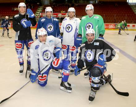 EBEL Eishockey Bundesliga. Training VSV. Geoff Waugh, John Lammers, Francois Fortier, Philip Siutz , vorne: Mark Santorelli, Sean Ringrose (VSV). Villach, am 7.8.2014.
Foto: Kuess
---
pressefotos, pressefotografie, kuess, qs, qspictures, sport, bild, bilder, bilddatenbank