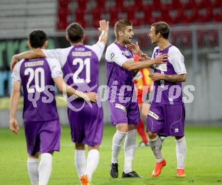 Fussball Regionalliga. Austria Klagenfurt gegen ATSV Wolfsberg. torjubel  Armend Spreco, Rajko Rep (Austria Klagenfurt). Wolfsberg, 8.8.2014.
Foto: Kuess
---
pressefotos, pressefotografie, kuess, qs, qspictures, sport, bild, bilder, bilddatenbank