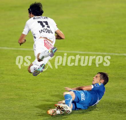 Fussball Bundesliga. RZ Pellets WAC gegen SC Wiener Neustadt. Ynclan Pajares Jacobo Maria, (WAC), Christian Deutschmann  (SC Wiener Neustadt). Wolfsberg, am 30.8.2014.
Foto: Kuess

---
pressefotos, pressefotografie, kuess, qs, qspictures, sport, bild, bilder, bilddatenbank