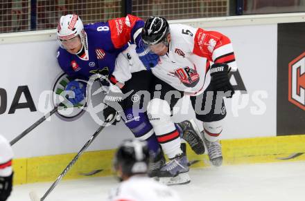 Eishockey. Champions Hockey League VSV gegen Briancon Diables Rouges. Ruslan Gelfanov, #8, (VSV), Viktor Szelig #5 (Briancon). Villach, 4.9.2014.
Foto: Kuess 
---
pressefotos, pressefotografie, kuess, qs, qspictures, sport, bild, bilder, bilddatenbank