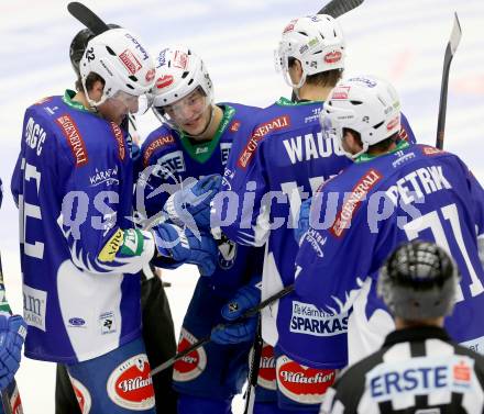 EBEL. Eishockey Bundesliga. EC VSV gegen HC TWK Innsbruck. Torjubel Benjamin Petrik, Stefan Bacher, Geoff Waugh,  Adis Alagic (VSV). Villach, am 28.10.2014.
Foto: Kuess 


---
pressefotos, pressefotografie, kuess, qs, qspictures, sport, bild, bilder, bilddatenbank