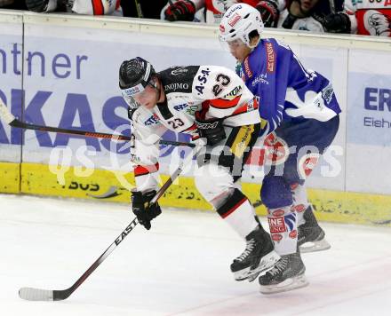 EBEL. Eishockey Bundesliga. EC VSV gegen HC Orli Znojmo. Jason Krog, (VSV), Jakub Grof  (Znojmo). Villach, am 28.11.2014.
Foto: Kuess 


---
pressefotos, pressefotografie, kuess, qs, qspictures, sport, bild, bilder, bilddatenbank