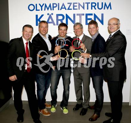 Eroeffnung Olympiazentrum Kaernten.  Karl Schnabl, Fritz Strobl, Markus Salcher, Landeshauptmann Peter Kaiser, Thomas Morgenstern, Karl Stoss. Klagenfurt, am 1.12.2014.
Foto: Kuess
---
pressefotos, pressefotografie, kuess, qs, qspictures, sport, bild, bilder, bilddatenbank