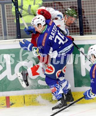 EBEL. Eishockey Bundesliga. EC VSV gegen HCB SUEDTIROL. Patrick Platzer,  (VSV), Sean McMonagle (Bozen). Villach, am 14.12.2014.
Foto: Kuess 


---
pressefotos, pressefotografie, kuess, qs, qspictures, sport, bild, bilder, bilddatenbank