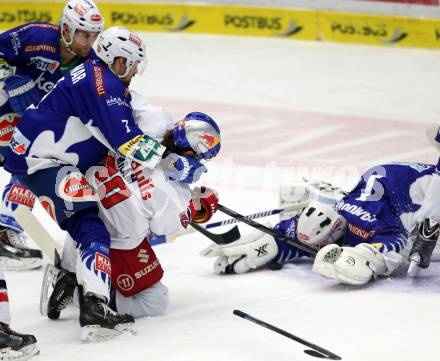 EBEL. Eishockey Bundesliga. EC VSV gegen EC Red Bull Salzburg.  Klemen Pretnar, Jean Philippe Lamoureux,  (VSV), Troy Milam (Salzburg). Villach, am 9.1.2015.
Foto: Kuess 


---
pressefotos, pressefotografie, kuess, qs, qspictures, sport, bild, bilder, bilddatenbank
