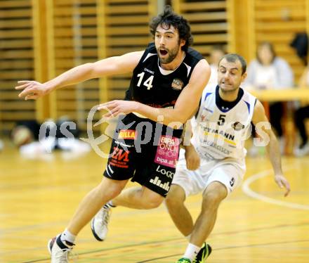 Basketball 2.Bundesliga 2014/15 Grunddurchgang 15.Runde. Radenthein Garnets gegen Mattersburg Rocks. Patrick Biedermann, (Radenthein),  Michael Mach  (Mattersburg). Radenthein, 18.1.2015.
Foto: Kuess
---
pressefotos, pressefotografie, kuess, qs, qspictures, sport, bild, bilder, bilddatenbank