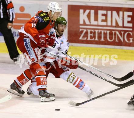 EBEL. Eishockey Bundesliga. KAC gegen HCB Suedtirol. Kim Stroemberg, (KAC), Justin Keller  (Bozen). Klagenfurt, am 30.1.2015.
Foto: Kuess 

---
pressefotos, pressefotografie, kuess, qs, qspictures, sport, bild, bilder, bilddatenbank