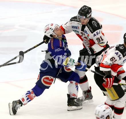 EBEL. Eishockey Bundesliga. EC VSV gegen Orli Znojmo. Brock McBride, (VSV), Martin Nemcik  (Orli Znojmo). Villach, am 22.2.2015.
Foto: Kuess 


---
pressefotos, pressefotografie, kuess, qs, qspictures, sport, bild, bilder, bilddatenbank