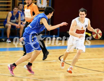 Basketball 2.Bundesliga 2014/15 Grunddurchgang 21.Runde. Woerthersee Piraten gegen BBU Salzburg. Martin Breithuber,  (Piraten), Marko Vasic (Salzburg). Klagenfurt, am 28.2.1015.
Foto: Kuess
---
pressefotos, pressefotografie, kuess, qs, qspictures, sport, bild, bilder, bilddatenbank