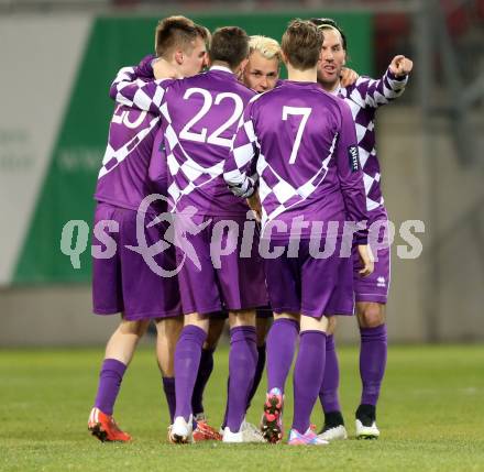 Fussball Regionalliga. SK Austria Klagenfurt gegen SAK.Torjubel Patrik Eler, Rajko Rep, Sandro Zakany, Ali Hamdemir, Fabian Miesenboeck (Austria Klagenfurt). Klagenfurt, 20.3.2015
Foto: Kuess 
---
pressefotos, pressefotografie, kuess, qs, qspictures, sport, bild, bilder, bilddatenbank